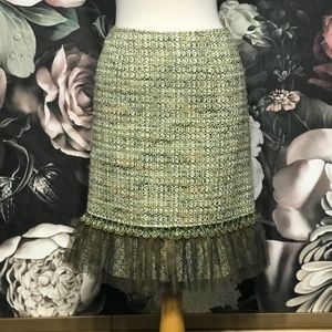 Olive tweed skirt with net fringe